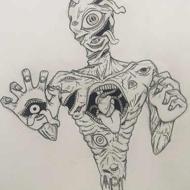 a marker drawing of a macabre demonic creature covered in eyes and mouths with an exposed heart coming out of its ribs.