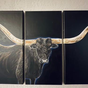 3 panel canvas painting of a longhorn against black background.