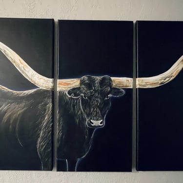 3 panel canvas painting of a longhorn against black background.