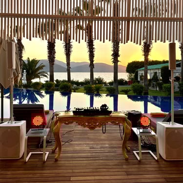 Outdoor event sound and lighting setup by the pool for a private villa event in Bodrum