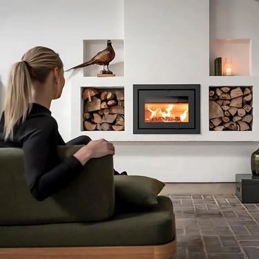 femme qui regarde un insert à bois