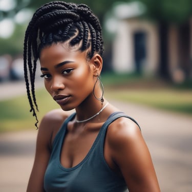A person is styling long brown hair, creating an intricate updo with curls being pinned into place. The focus is on the hands of the stylist as they carefully arrange the hair, with a blurred salon background.