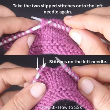 SSK knitting step 3 showing slipped stitches returned to left needle. How to perform the SSK decrease.