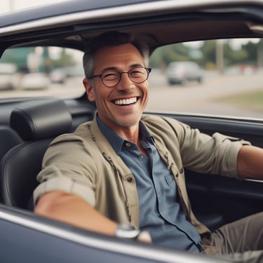 a man smiling inside his car