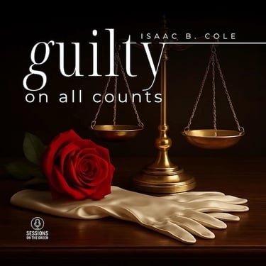 Rose, glove, and justice scales on courtroom desk — cover for 'Guilty on All Counts'.