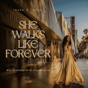 Elegant woman walking confidently through the city — album  art for 'She Walks Like Forever'.