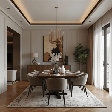 Elegant dining space with curated furniture for mindful gatherings