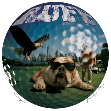 A bulldog covers up a golf hole while and eagle flies by with ball in talons.