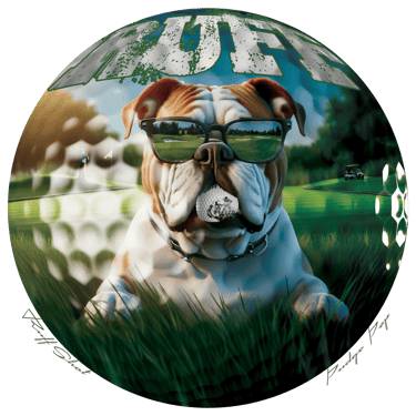 Golf ball image featuring a bulldog who has found a golf ball in some tall grass.