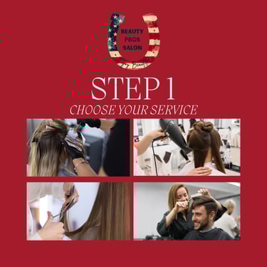 Step 1 Choose your service. photos of patrons receiving hair services. linked to services page.
