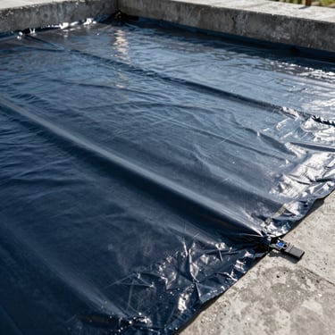 Tight macro shot of a specialized waterproofing membrane being applied to a deep concrete foundation, high-contrast details.