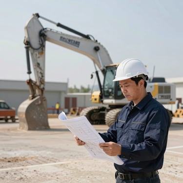 An engineer on-site reviewing technical drawings with modern heavy machinery blurred in the background, bright natural daylight.