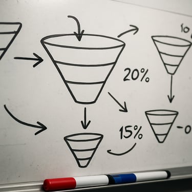 Close-up of a whiteboard covered in hand-drawn funnel diagrams and conversion rate annotations, dry-erase markers resting at the bottom edge, bright overhead studio light, tight crop showing math and arrows