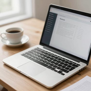 A close-up flat-lay of a wooden desk with a modern laptop showing a clean productivity interface, a cup of coffee, and soft window light filtering in, shallow depth of field, 35mm.