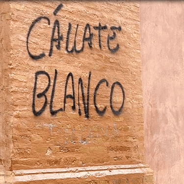 Grafiti en pared de ladrillo en la Plaza de Toros de Málaga antes de su eliminación. por la empresa de limpieza de GRAFFITIS