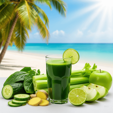 a glass of juice with a green apple juice