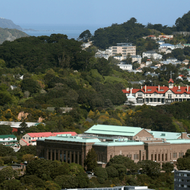 Landscape showing four historic buildings. The en:National War Memorial (New Zealand) (Carillon lower left), en:New Zealand D