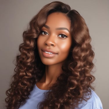 Bundles of straight hair extensions in two colors, dark brown and light blonde, secured with yellow bands. A metal ring holds sample strands with a tag attached, all placed on a soft, white furry surface.