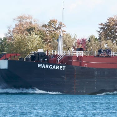 A close-up view of the port side bow of Great Lakes tank barge Margaret.
