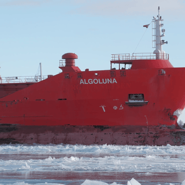 A close-up view of the starboard side of tanker ship Algoluna's bow.