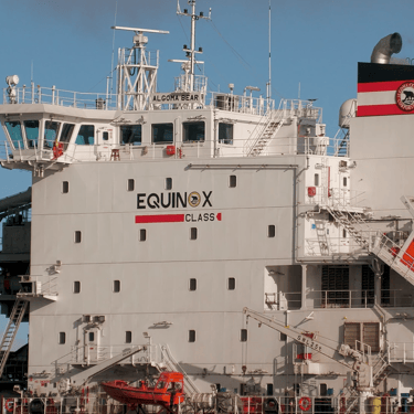 Close-up of the superstructure of freighter Algoma Bear, viewed from port side aft.