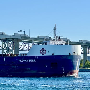 Close-up view of the right side bow of freighter Algoma Bear. The Blue Water Bridge is seen in the background.