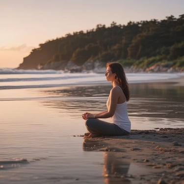 A person is practicing yoga on a blue mat in an art gallery setting. The room has wooden floors and is decorated with sculptures placed on pedestals. The background features a green partition and a bust sculpture. The lighting is soft, creating a serene ambiance.