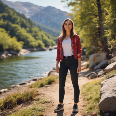 Woman posing on a sunny hiking path.