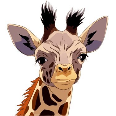 Graphic art print of a baby giraffe staring quizzically at the viewer, derived from original African wildlife photography.