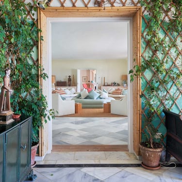 Ivy-framed entrance hall leading to main lounge