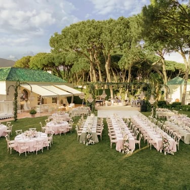 Wedding ceremony setup at Villa El Rincon gardens