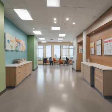 A team of cleaners efficiently working together in a spacious educational facility.