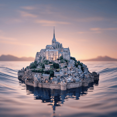 a small island mont saint michel in france with a castle on top of it