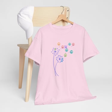 Pink Graphic Tshirt with peace signs as dandelion seeds.