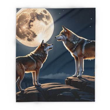 Fleece blanket with two wolves and moon