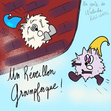 illustration de deux groumpfs courant près d’un traîneau, couverture du conte Un Réveillon groumpfesque