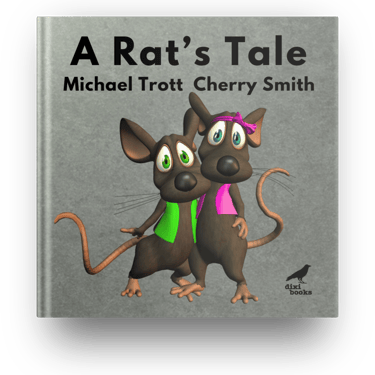 A grey book cover featuring two 3D rats wearing coloured vests and ribbons around their heads
