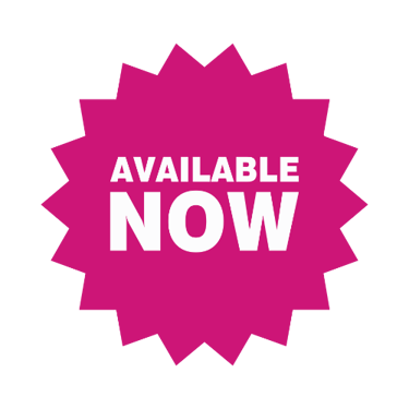 An eighteen point deep pink star with white text that says Available Now