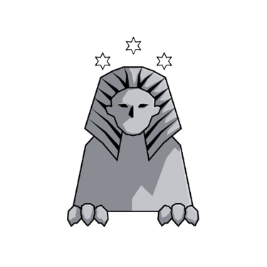 A stylised black and white drawing of a Egyptian Sphinx with three stars above its head