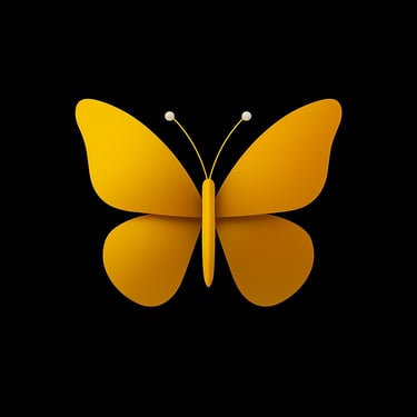 Yellow butterfly icon with white-tipped antennae on black background, symbolising joy and spiritual