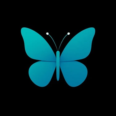 Teal butterfly icon with white-tipped antennae on black background, symbolising transformation
