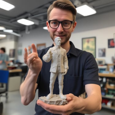 A person is interacting with a 3D printer. The printer contains a white object being printed inside. The scene is set in a clean, high-tech environment, and the focus is on the precision engineering involved in 3D printing.