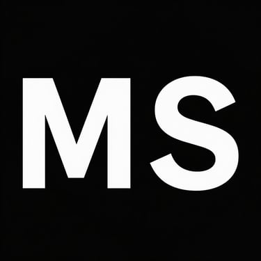 Minimalist logo with bold white letters MP on a solid black background.