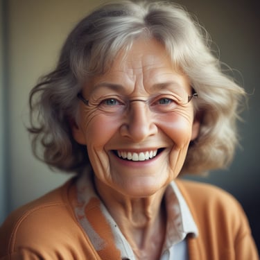 A smiling woman sharing her positive experience, looking satisfied and happy.