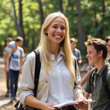 a teacher in a white shirt and backpack on a path