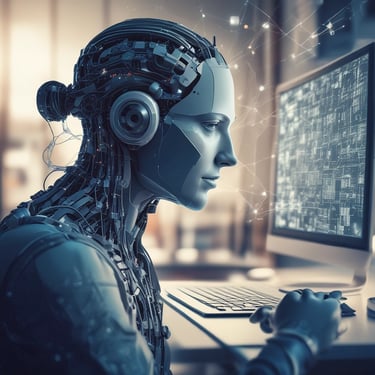 A man in formal attire stands in a modern, technology-themed space. He is wearing augmented reality glasses and is surrounded by displays and panels showcasing innovative concepts. The ceiling displays an array of digital patterns with numeric and symbolic designs.
