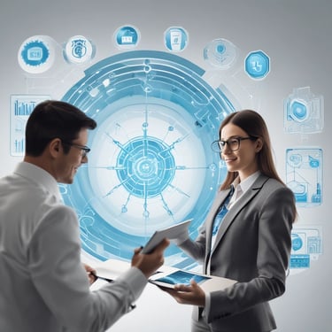 A metallic robotic hand and a human hand point towards each other at the center. Between them, there is a stylized, crystal-like representation of the letters 'AI'. The background is a gradient of orange shades.