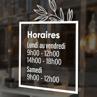 Sticker horaires d’ouverture pour vitrine – lettrage personnalisé en vinyle par 3DPM France