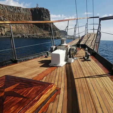 proa y cubierta con tambucho todo de madera, barco mondragon 