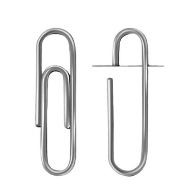 A pair of silver metal paperclips side-by-side on a black background for office stationery.
